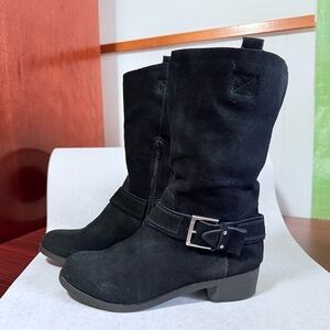 Bass Black Leather/Suede Boots  with Harness Strap & Chunky Heel, Biker Sz 8.5
